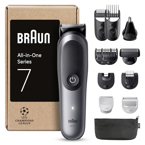Braun Rifinitore All-In-One Series 7, Rasoio Elettrico Barba 12In1, Taglia Peli Naso E Orecchie, Macchinetta Per Capelli, Lama ProBlade, Tecnologia AutoSense, Wet&Dry, AIO7545, Grigio