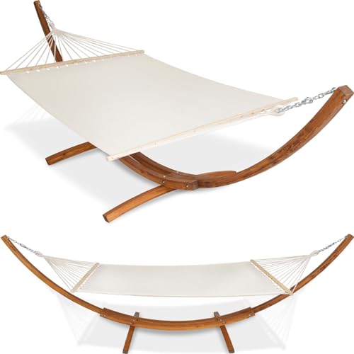 tectake® Amaca XXL Regolabile in Altezza, Comoda Amaca Matrimoniale, Amaca con Supporto in Legno, Design Elegante, Capacità di Carico Fino a 200 kg - Bianco