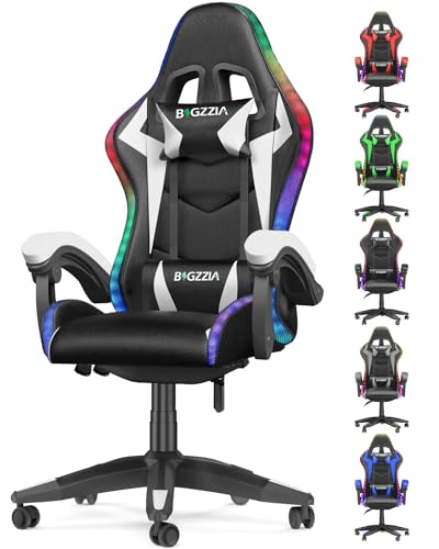 bigzzia Sedia Gaming RGB con Luci LED E Sedia Ergonomica Per Computer Per Videogiochi Reclinabile con Schienale Alto in Pelle Pu con Poggiatesta (Utilizzo di RGB, Bianco)