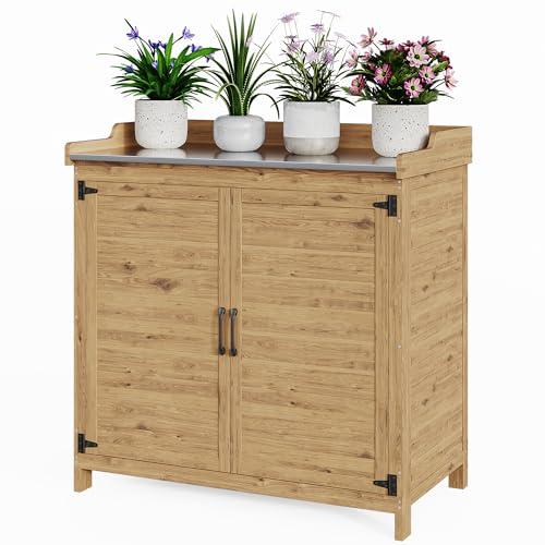 Bealife Tavolo per Piante con Mobile Base, Mobiletto da Giardino con Piano di Lavoro con 1 Ripiano Mobile per Uso Interno ed Esterno (Naturale, 98x48x95 cm)