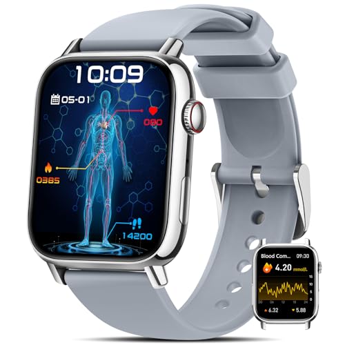 BANLVS Smartwatch Uomo Donna con 𝐆𝐥𝐢𝐜𝐞𝐦𝐢𝐚/𝐇𝐑𝐕/𝐄𝐂𝐆, 1,83" Orologio Fitness con Chiamate, 24H Cardiofrequenzimetro SpO2, Sonno, 150+ Sport, Notifiche Messaggi, IP68 Android iOS Argento