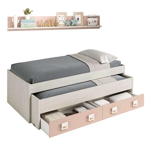 Dmora - Letto per bambini Fairfield, Struttura letto per cameretta, Letto singolo con lettino estraibile, 199x96h65 cm, Bianco e Rosa