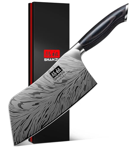 SHAN ZU Coltello da Cucina Professionale 18 cm - Acciaio Giapponese a Polvere 63 HRC - Mannaia da Cucina con Lama a 12° e Manico in Pakkawood - Coltelli Multiuso per Carne, Pesce e Verdure