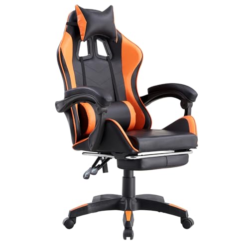 WeHome - Sedia da Gaming Racing Ergonomica Reclinabile con Braccioli, Poltrona Ufficio Girevole con Rotelle, Poggiapiedi, Poggiatesta e Cuscino Lombare in Similpelle, Portata: 125kg (Arancione)