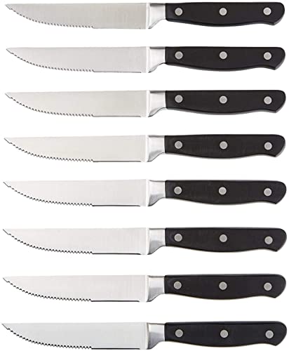 Amazon Basics Set Premium di coltelli da carne, 8 pezzi, Nero/acciaio inossidabile