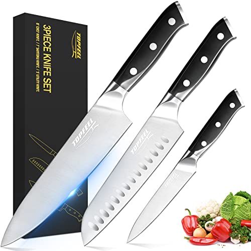 Topfeel Set di coltelli da chef professionali, coltelli affilati, coltelli da cucina tedeschi in acciaio inossidabile ad alto tenore di carbonio, 3 pezzi, coltello da chef da 8 pollici, coltello