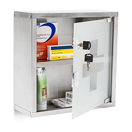 Relaxdays Emergency Armadietto Pronto Soccorso, per Medicinali, Cassetta Farmaci, Bagno, in Acciaio, HLP: 30x30x12 cm, Argentato, Inossidabile