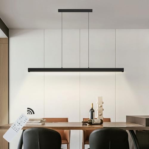 Moderna Lampada a sospensione LED Dimmerabile, 100CM Lampadario Cucina in legno con Telecomando 36W Lampadario a Sospensione Lineare Regolabile in altezza, Lampadario Nero per Sala da pranzo Ufficio