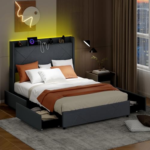 RELAX4LIFE Telaio Letto Matrimoniale con Luci LED Regolabili, Musica, Microfono, Funzione Timer, Stazione di Ricarica, Testiera Imbottita, 4 Cassetti con Route, Carico 500 KG (200 ×160 cm)