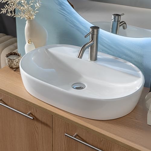 NORBE | Lavabo da appoggio in Ceramica | Lavandino in appoggio | Lavandino Ovale | Finitura Bianco Lucido | (Bianco, 60 cm)