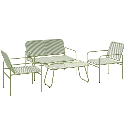 Outsunny Set di Mobili da Giardino in Rattan 4 Pezzi, Salotto da Esterno con Divanetto 2 Posti, 2 Poltrone, Tavolino da Caffè in Vetro, Set Giardino Esterno in Acciaio per Terrazzo e Balcone, Verde
