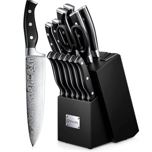 D.Perlla Set Coltelli da Cucina Professionale, Ceppo Coltelli in Acciaio 14 Pezzi, Ceppo Autoaffilante, Blocco Coltello in Legno, Nero