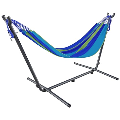 Amaca Da Giardino Con Supporto In Acciaio Portata 200 Kg Altezza Regolabile Telo Cotone Resistente Amaca Brasiliana Esterno Terrazzo Piscina Balcone Con Borsa 265 x 110 x 100 Cm Multicolore (Blu)