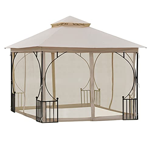 Outsunny Gazebo da Giardino 3x3m in Metallo con Zanzariera e Tettuccio in Poliestere Beige