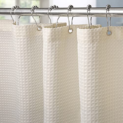 VANZAVANZU Tenda da Doccia in Tessuto Waffle Con Ganci in Metallo - Resistente All'acqua per Bagno e Vasca - 182 x 214 cm (Crema)