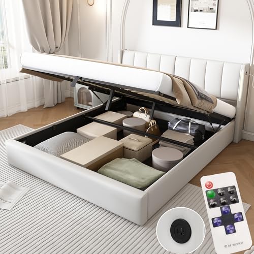 Letto Matrimoniale con Contenitore 160x200 cm con LED e USB, Letto una piazza e mezza con Testiera Regolabile e Vano Portaoggetti, Letto Contenitore con rete a doghe, Struttura Letto Matrimoniale