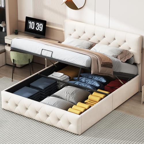 Letto baule 160 x 200 cm con testa regolabile in altezza letto matrimoniale con testiera regolabile in altezza, letto imbottito con contenitore idraulico, vellutato (senza materasso) (beige, 160 x 200