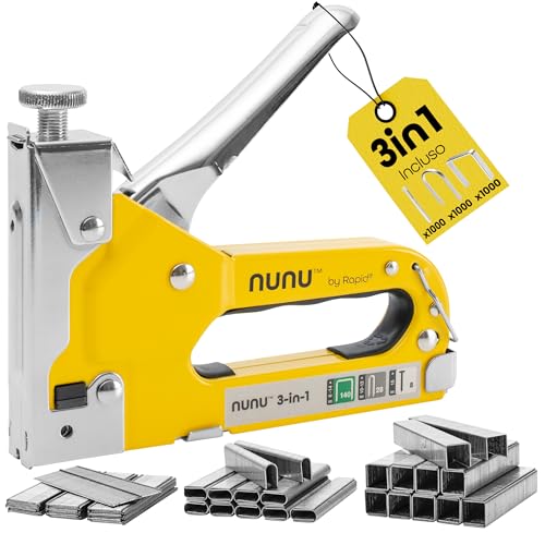 Rapid NUNU Pistola Sparapunti 3 in 1 per Lavori su Legno, Tappezzeria, Tappeti e Cavi, con Potenza Regolabile e Design Ergonomico, include 3.000 Punti Metallici e Borchie