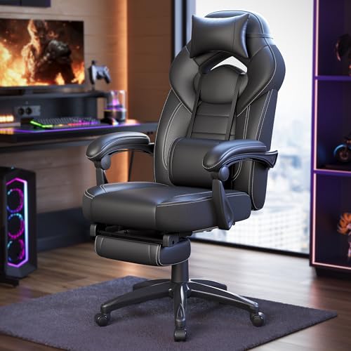 SONGMICS Sedia Gaming, Sedia Ufficio Scrivania, Ergonomico, con Poggiapiedi, Poggiatesta Regolabile, Cuscino Lombare, Portata 150 kg, Nero OBG077B01