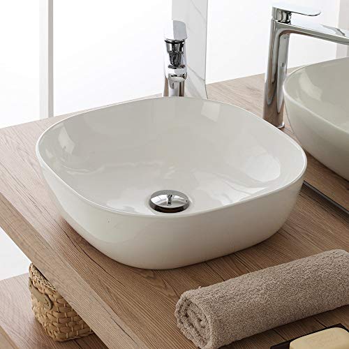 Lavabo da appoggio Bianco Lucido in Ceramica, 42,5 x 42,5 x h.14,5 cm, Lavandino Bagno con Design Moderno
