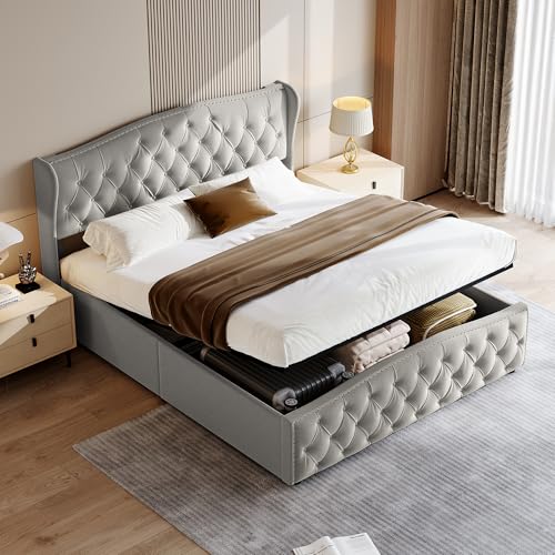 BPKADHY - Letto imbottito da 160 x 200 cm, letto ad apertura idraulica con contenitore e rete, struttura letto matrimoniale con testiera, moderno schienale letto 160 x 200 cm,