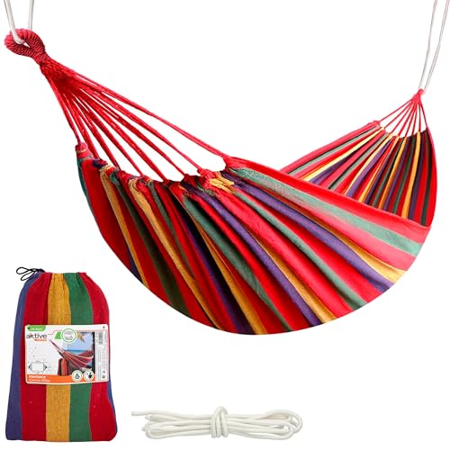 Aktive 52990 - Amaca sospesa in cotone per campeggio e giardino | Amaca giardino esterno | Misure 200x100 cm| Fino a 200 kg di capacità di carico | Con borsa per il trasporto