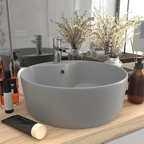 Lavabo da Appoggio Rotondo in Ceramica, con Troppopieno e Foro Rubinetto, Design Moderno, Grigio Chiaro Opaco per Bagno o Cucina, 36 x 13 cm