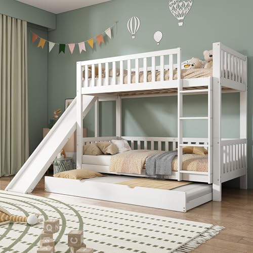 HYUB Letto a castello per bambini, 90 x 200 cm, con scivolo e letto estraibile, letto a castello per ragazzi con scale e spazio di archiviazione, struttura per letto con rete a doghe e protezione