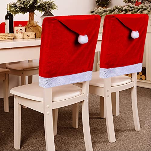 NIBESSER Coprisedie Natale per Schienale 4 Pezzi Cappello Babbo Natale per Sedie da Pranzo in Velluto Glitterato Elasticizzato Coprisedie Natalizie Rosso per Cenone Festa 49x60 cm