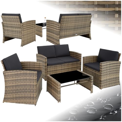 TecTake® Salottino in Rattan, 2 Poltrone, Divano, Tavolo Piano in Vetro Rimovibile, Cuscini Comodi, Viti in Acciaio Inox, Salottino da Giardino Esterno, Salotto Esterno - Naturale/grigio Scuro