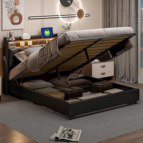KeepGoon Letto matrimoniale 160 x 200 cm, letto imbottito con porte LED e USB, letto contenitore, PU, testiera con tasche su, Con rete a doghe