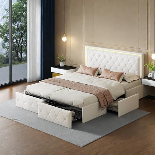 JDEFARF Letto matrimoniale imbottito a LED, con 4 cassetti, in pelle PU, supporto a doghe in legno, non necessita di molle (bianco, 160 x 200 cm)