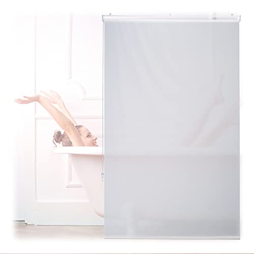 Relaxdays Tenda per Doccia Moderna, 100x240, Vasca da Bagno, Idrorepellente, Montaggio a Soffitto, Rullo Finestra,Bianca, Alluminio