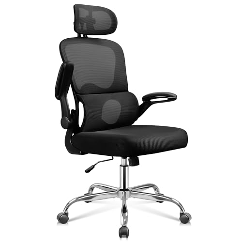 DEVAISE Sedia Ufficio Ergonomica con Supporto Lombare Regolabile, Funzione dondolante, Poggiatesta 3D Regolabile, Braccioli Ribaltabili a 90°, Schienale in Rete Traspirante – per Ufficio – Nero