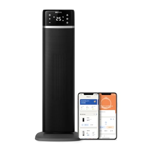 Termoventilatore a torre Philips Serie 5000-2000W, risparmio energetico 50%, display, 5 funzioni sicurezza, 4 modalità, oscillazione 60°, silenzioso, nero/grigio scuro (CX5120/11).