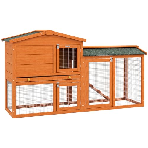 PawHut Conigliera a 2 Piani da Esterno, Gabbia per Animali Domestici in Legno di Abete e Filo di Metallo, 150x45x85 cm, Arancione