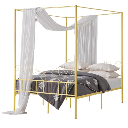 VEVOR Letto a Baldacchino Matrimoniale, Letto in Metallo con Testiera Minimalista e Design a Baldacchino, Robusto Supporto a Doghe in Acciaio Rotondo, Non Necessita di Materasso a Molle, Oro