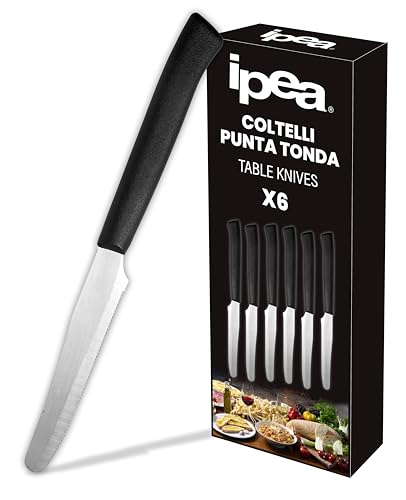 IPEA Coltelli da Tavola per Bistecca e Carne punta Tonda- Set da 6 - Coltello Affilati con Lama in Acciaio Inox per Tagliare Carne e Alimenti a Pranzo e Cena - Posate - Coltelli per Casa e Cucina