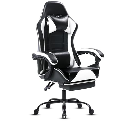 Sedia Gaming Ergonomica, Poltrona Gaming con Schienale Regolabile, Sedia da Gamer con Poggiatesta e Supporto Lombare, Sedia Gamer in Pelle Sedia Gaming con Poggiapiedi (Cuscino laterale, Bianco)