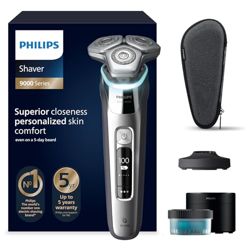 Philips Shaver S9000, rasoio elettrico Wet & Dry, tecnologia Lift & Cut e SkinIQ, rifinitore a scomparsa, custodia per pulizia, supporto ricarica, custodia viaggio, Chrome Silver, modello S9975/54