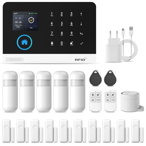 PGST Allarme Casa Senza Fili, 21 Pezzi WIFI/GSM SMS Sistema Antifurto con Sirena Allarme 120dB,Telecomando Intelligente,Display LCD, Invite vocale, Sicurezza per la casa,ufficio,Compatibile con Alexa