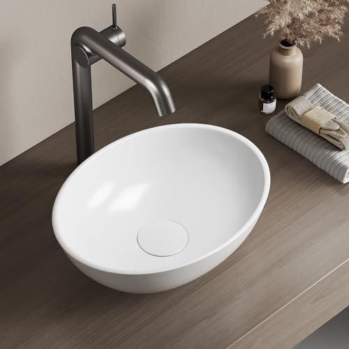 EMKE Lavabo da Appoggio Ovale 35 × 27 × 11 cm, Lavabo in Ceramica per Bagno e WC Ospiti, Bianco Lucido