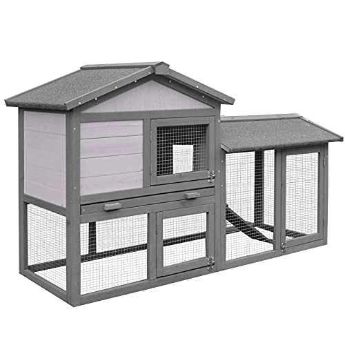 PawHut Conigliera Gabbia per Conigli in Legno da Esterno con Casetta, Spazio Aperto Recintato e Tetto 147x54x84cm