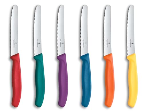 Victorinox Swiss Classic, Coltello da colazione, Coltello da pane, Lama affilata, seghettata, 11 cm, Manico in plastica, Acciaio inossidabile, Set da 6 Pezzi, Colorato