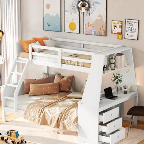OOIILLEE Letto a castello per bambini a 2 posti con scrivania, scala, tre cassetti e ripiani, 90 x 200 e 140 x 200 cm, letto per bambini con barriera di sicurezza, telaio in pino, bianco