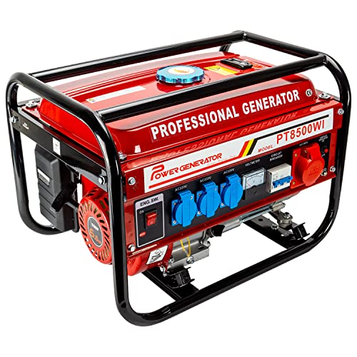Generatore di corrente a benzina | Generatore di corrente con accessori | Gruppo elettrogeno di emergenza silenzioso | 5 prese 3 x 230 V / 1 x 400 V / 1 x 12 V | 6,5 CV (generatore di corrente
