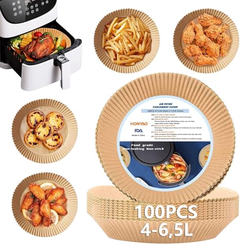 HONYAO 20 cm Fogli di Carta Forno per Friggitrice ad Aria XL 4-6,5 L, 100 Pezzi Antiaderente Usa e Getta Carta Pergamena, Impermeabile Antiolio Accessori per Air Fryer - Rotondo