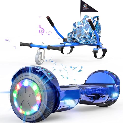 6,5" Hoverboards con Kart, Hover board con Sedile, Skateboard con Sedile per Bambini e Adulti, Batteria 4Ah, Hoverboard con Bluetooth e Luci LED, Max 15 km/h, 7KG Overboard con 5,6KG Seduta
