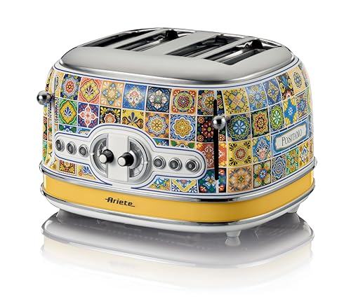 Ariete 156 Tostapane Positano, 1630W, 4 fette, 6 livelli di doratura, Vassoio raccogli briciole, Funzione defrost, Espulsione automatica, Senza pinze