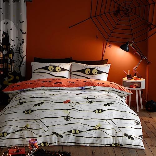 Bedlam Copriletto Mummia Spaventosa Singolo (140 x 200cm) - Reversibile (2 Design) - Copriletto Luminoso al Buio - Mummie Spaventose e Pipistrelli Vampiri - Decorazioni Halloween